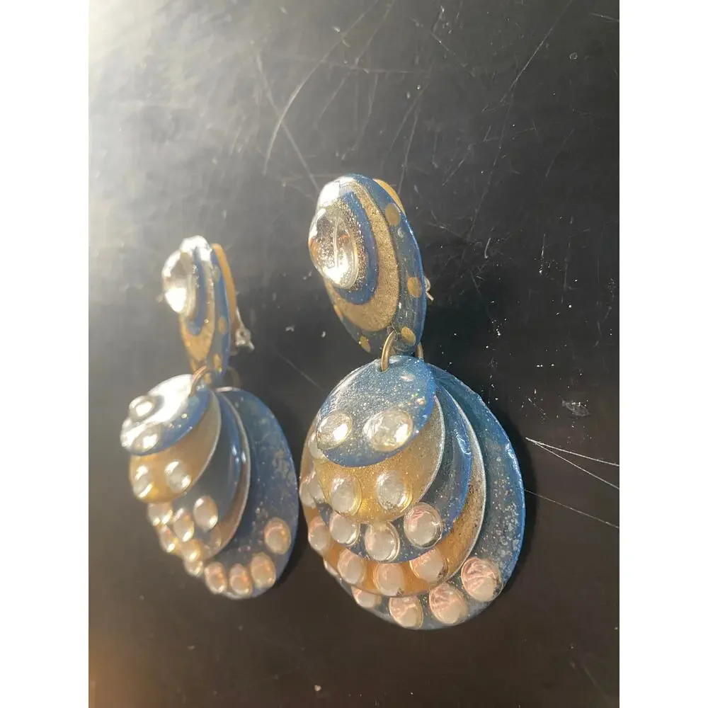 vintage 1980s huge statement earrings, blue rhinestones, 80s fashion, clip on